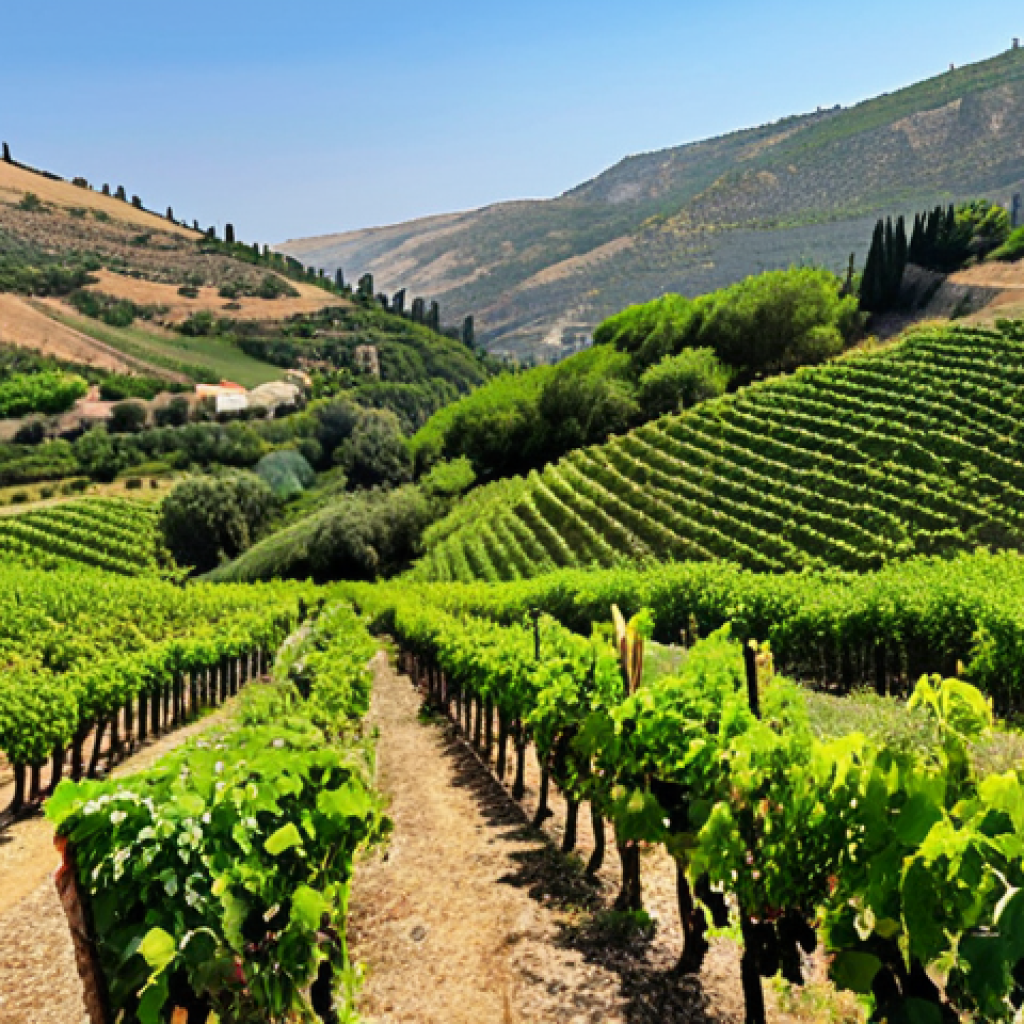 **Galilee, Israel:** Lush green hills, vibrant forests, blooming gardens, and vineyards under a bright sunny sky. Local markets with fresh fruits and vegetables.