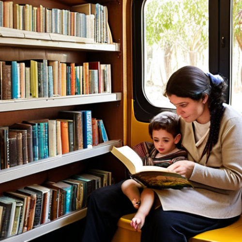 Home 22 A heartwarming and authentic scene capturing the essence of reading in Israel: A multi-generational Israeli family – a grandparent, a parent, and a child – is comfortably seated in a cozy, sunlit room, each engrossed in a book. The bookshelves behind them are filled with a diverse collection, from ancient, leather-bound Hebrew texts to colorful, modern children's books and contemporary novels, symbolizing the blend of tradition and modernity. Around them, subtly faded vignettes show glimpses of other Israelis reading in everyday settings: a student on a bustling bus, a person in a serene park, and someone sipping coffee in a cafe, all deeply immersed in their physical books. Emphasize the tactile quality of paper, the quiet joy of discovery, and the deep cultural reverence for books as a bridge between past and present generations.
