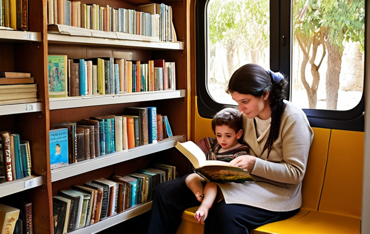 A heartwarming and authentic scene capturing the essence of reading in Israel: A multi-generational Israeli family – a grandparent, a parent, and a child – is comfortably seated in a cozy, sunlit room, each engrossed in a book. The bookshelves behind them are filled with a diverse collection, from ancient, leather-bound Hebrew texts to colorful, modern children's books and contemporary novels, symbolizing the blend of tradition and modernity. Around them, subtly faded vignettes show glimpses of other Israelis reading in everyday settings: a student on a bustling bus, a person in a serene park, and someone sipping coffee in a cafe, all deeply immersed in their physical books. Emphasize the tactile quality of paper, the quiet joy of discovery, and the deep cultural reverence for books as a bridge between past and present generations.