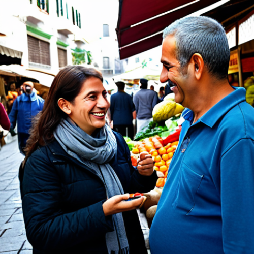Home 20 A professional photograph capturing a friendly interaction in a bustling Israeli market. A female tourist, fully clothed in modest, comfortable travel attire, holds a vibrant piece of fruit and smiles genuinely at a local male vendor. The vendor, in appropriate market clothing, smiles back warmly, gesturing towards his colorful display of fresh produce and spices. The background is a lively market scene with blurred activity, showcasing an authentic, family-friendly atmosphere under natural lighting. Perfect anatomy, correct proportions, natural pose, well-formed hands, proper finger count, natural body proportions, high resolution, professional photography, safe for work, appropriate content, fully clothed.