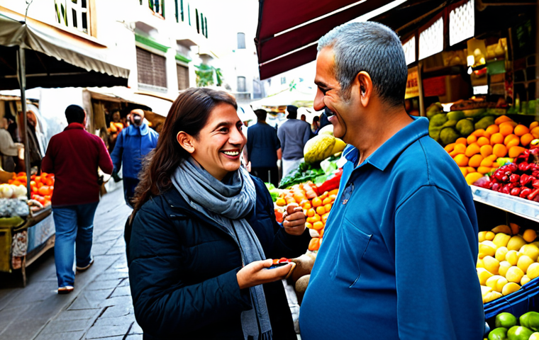 A professional photograph capturing a friendly interaction in a bustling Israeli market. A female tourist, fully clothed in modest, comfortable travel attire, holds a vibrant piece of fruit and smiles genuinely at a local male vendor. The vendor, in appropriate market clothing, smiles back warmly, gesturing towards his colorful display of fresh produce and spices. The background is a lively market scene with blurred activity, showcasing an authentic, family-friendly atmosphere under natural lighting. Perfect anatomy, correct proportions, natural pose, well-formed hands, proper finger count, natural body proportions, high resolution, professional photography, safe for work, appropriate content, fully clothed.