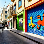 **

"A vibrant street scene in Florentin, Tel Aviv, during the day. Graffiti art covers the walls of buildings, and people are strolling and admiring the art. Include independent art galleries with open doors, inviting viewers inside. The scene should be bustling and full of life, showcasing the district's artistic energy. Focus on capturing the colors and textures of the street art. Safe for work, appropriate content, fully clothed, professional photography, perfect anatomy, natural proportions, high quality."

**