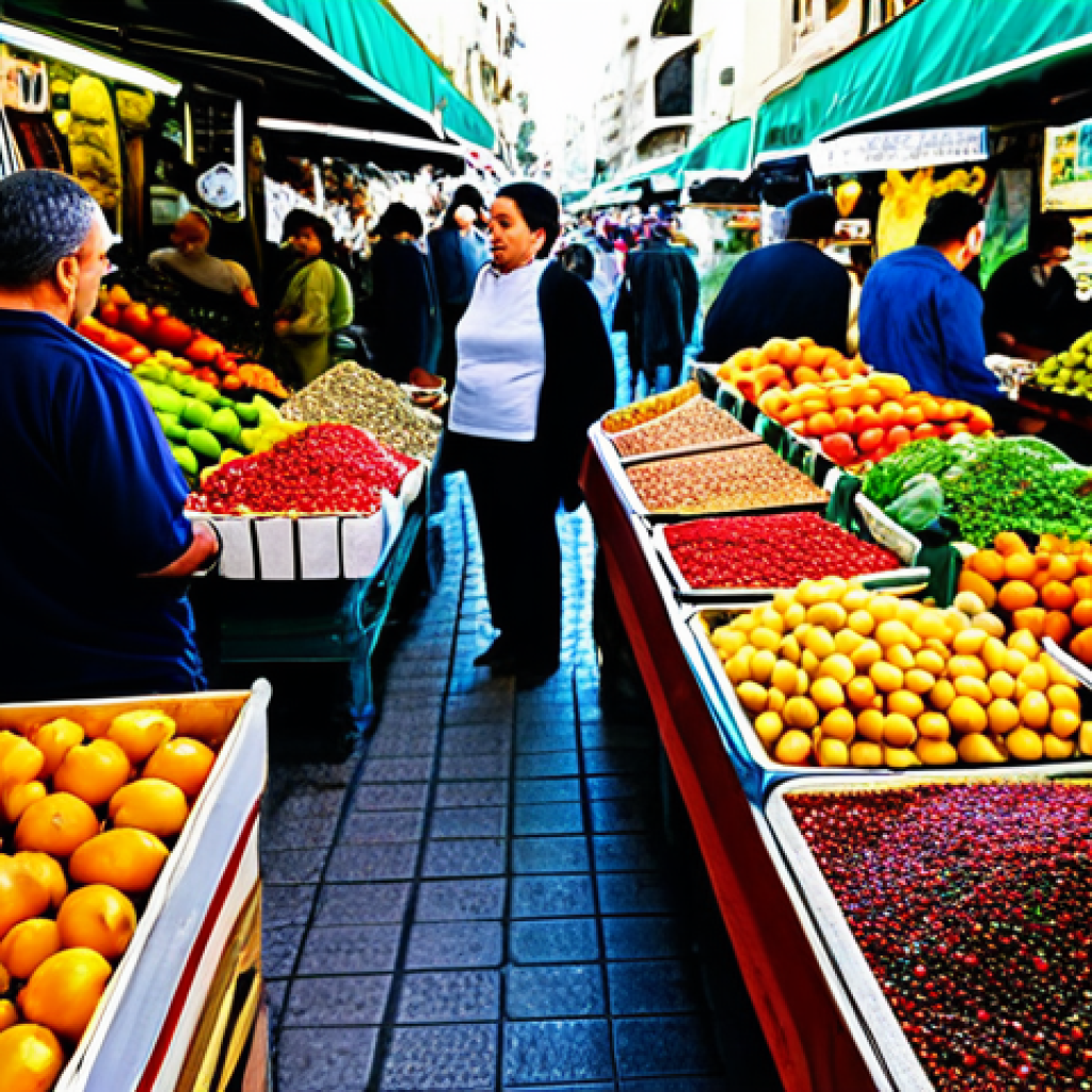 Bustling Market Scene**

A vibrant and colorful scene at the Carmel Market in Tel Aviv. Stalls overflowing with fresh fruits, vegetables, spices, and baked goods. People browsing and interacting with vendors. Focus on the textures and colors of the food and the energy of the crowd. Fully clothed shoppers in modest attire. Safe for work, appropriate content, professional photography, perfect anatomy, natural proportions.

**