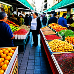 Bustling Market Scene**

A vibrant and colorful scene at the Carmel Market in Tel Aviv. Stalls overflowing with fresh fruits, vegetables, spices, and baked goods. People browsing and interacting with vendors. Focus on the textures and colors of the food and the energy of the crowd. Fully clothed shoppers in modest attire. Safe for work, appropriate content, professional photography, perfect anatomy, natural proportions.

**