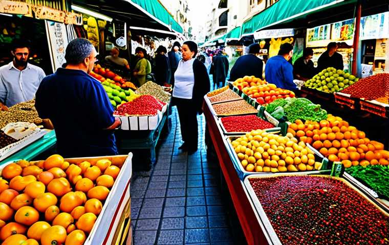 Bustling Market Scene**

A vibrant and colorful scene at the Carmel Market in Tel Aviv. Stalls overflowing with fresh fruits, vegetables, spices, and baked goods. People browsing and interacting with vendors. Focus on the textures and colors of the food and the energy of the crowd. Fully clothed shoppers in modest attire. Safe for work, appropriate content, professional photography, perfect anatomy, natural proportions.

**