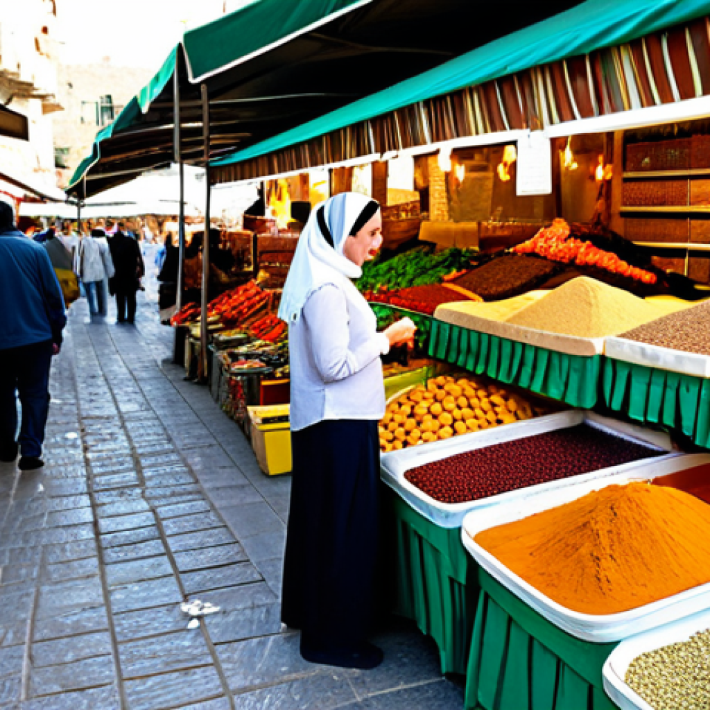 이스라엘 화폐 및 환전 팁 - Woman at a Market**

"A professional female traveler in Israel, fully clothed in modest, comfortable...