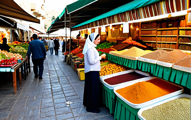 이스라엘 화폐 및 환전 팁 - Woman at a Market**

"A professional female traveler in Israel, fully clothed in modest, comfortable...