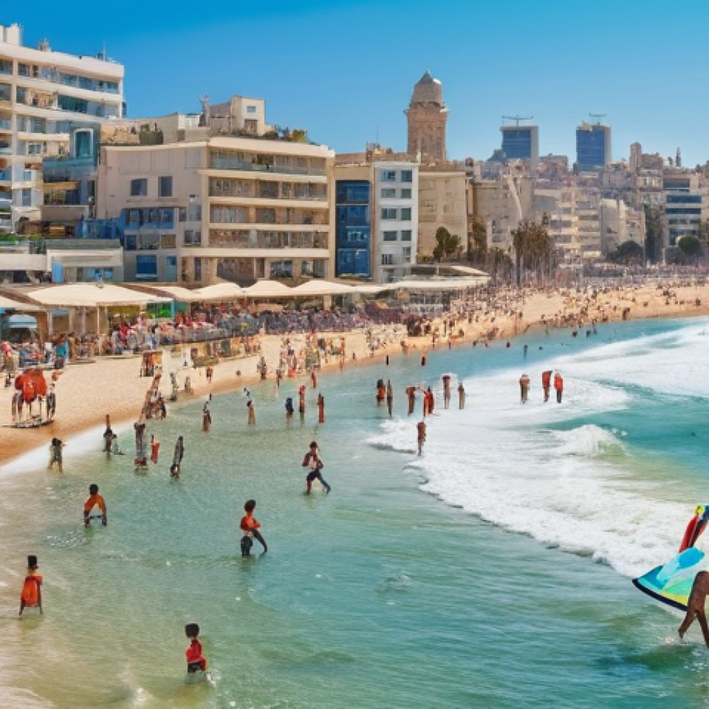 이스라엘 해변 추천  텔아비브 해변 - **Prompt:** A vibrant, sunny scene at Tel Aviv's Gordon/Frishman Beach, capturing the city's lively ...