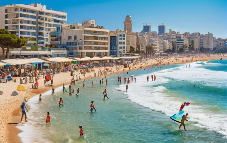 이스라엘 해변 추천  텔아비브 해변 - **Prompt:** A vibrant, sunny scene at Tel Aviv's Gordon/Frishman Beach, capturing the city's lively ...