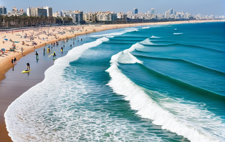 이스라엘 해변 추천  텔아비브 해변 - **Prompt:** A serene and picturesque sunset over Alma Beach in Tel Aviv, evoking a bohemian and rela...