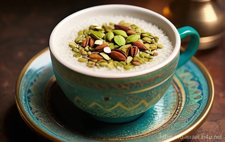 이스라엘 전통 음료와 현대적 조리법 - **Prompt: "A close-up shot of a steaming, inviting cup of Sahlab, generously topped with a swirl of ...