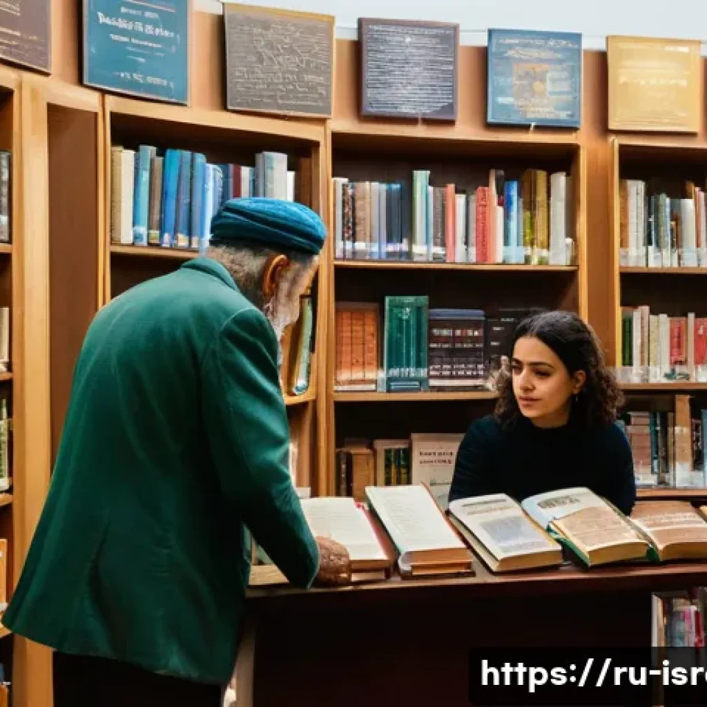 이스라엘에서 찾을 수 있는 서적 주제들 - **Prompt:** A bustling, sunlit Israeli bookstore with high ceilings and rows of diverse books. The a...