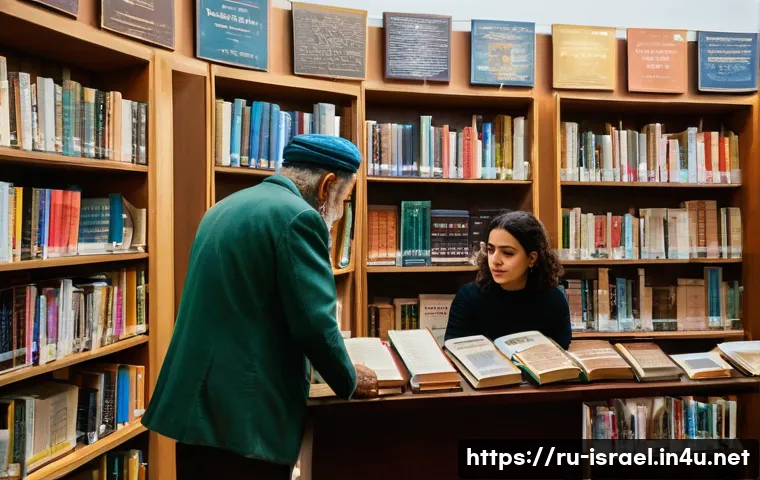 이스라엘에서 찾을 수 있는 서적 주제들 - **Prompt:** A bustling, sunlit Israeli bookstore with high ceilings and rows of diverse books. The a...