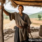 Home 21 이스라엘의 전통 무기 제작 - A determined ancient villager, dressed in simple, modest linen and leather attire covering all skin,...