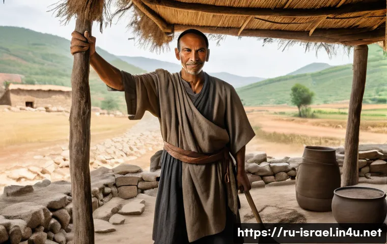 이스라엘의 전통 무기 제작 - A determined ancient villager, dressed in simple, modest linen and leather attire covering all skin,...