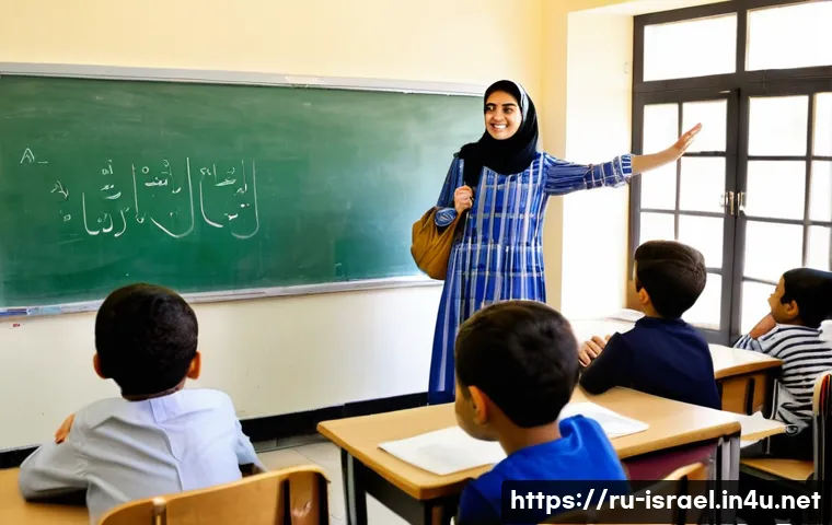 이스라엘의 아랍인 공동체 - A vibrant scene of an Arab-Israeli community school classroom with diverse students attentively lear...
