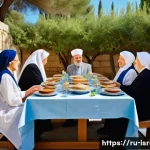 Home 18 이스라엘 팔레스타인 분쟁의 문화적 뿌리 - A vibrant scene depicting a traditional Jewish Passover Seder table set outdoors in a sunny Jerusale...