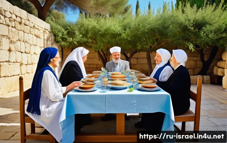 이스라엘 팔레스타인 분쟁의 문화적 뿌리 - A vibrant scene depicting a traditional Jewish Passover Seder table set outdoors in a sunny Jerusale...