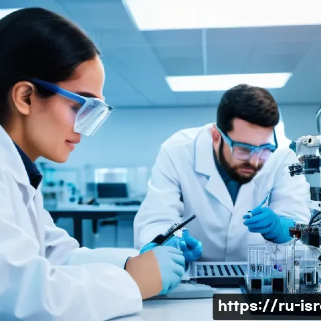 이스라엘에서의 대학 연구 프로그램 - A modern Israeli university laboratory scene showcasing interdisciplinary research in action: engine...