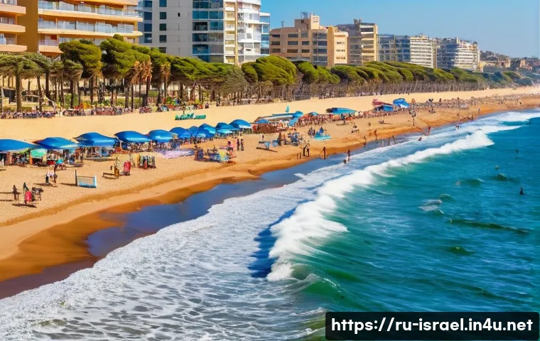 이스라엘의 서핑 명소 - A vibrant beach scene at Herzliya, Israel, featuring gentle, soft Mediterranean waves ideal for begi...