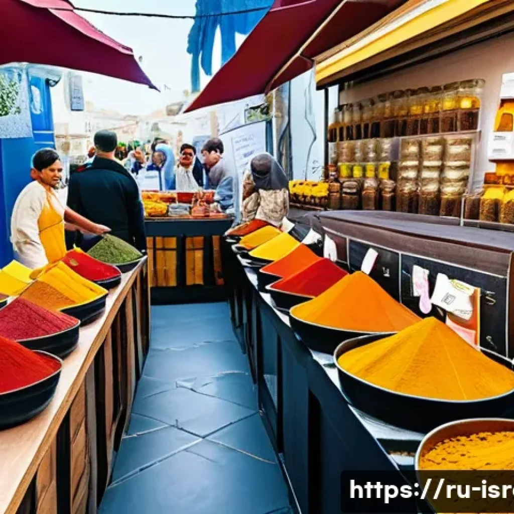 이스라엘의 스파이스 시장 - A vibrant market scene in Tel Aviv showcasing an array of spices in colorful glass jars and traditio...