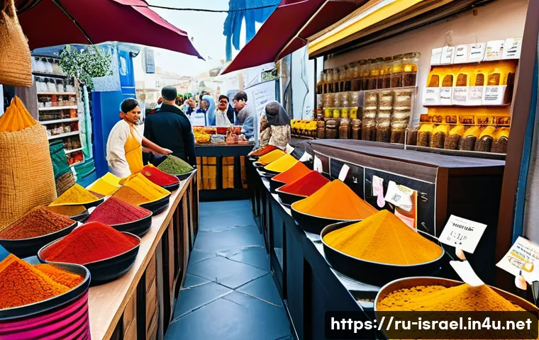 이스라엘의 스파이스 시장 - A vibrant market scene in Tel Aviv showcasing an array of spices in colorful glass jars and traditio...