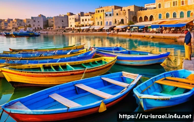 이스라엘에서 추천하는 해산물 레스토랑 - A vibrant Israeli coastal fishing village at sunset, with colorful fishing boats docked near the sho...