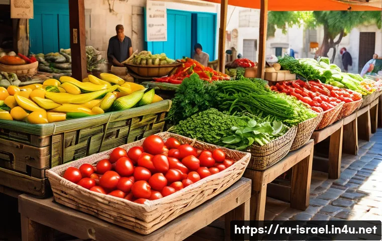 이스라엘 요리의 특징 지중해식과 중동식 혼합 - A vibrant and colorful Israeli market scene featuring fresh seasonal vegetables and fruits such as r...