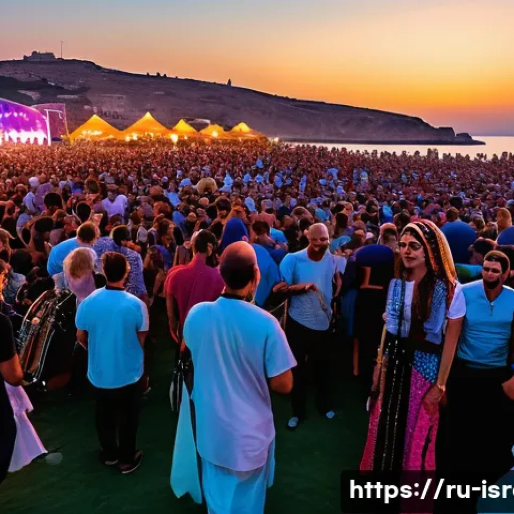 이스라엘 문화와 예술 페스티벌 - A vibrant Israeli music festival scene at sunset on the Mediterranean coast, featuring a diverse cro...