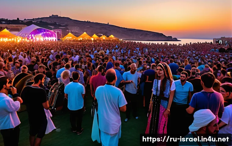 이스라엘 문화와 예술 페스티벌 - A vibrant Israeli music festival scene at sunset on the Mediterranean coast, featuring a diverse cro...