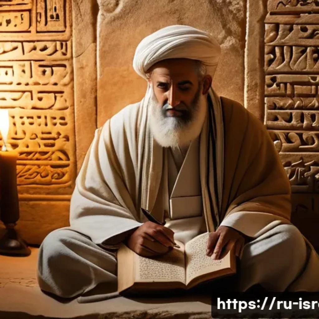 이스라엘의 고대 언어와 히브리어 발전 - An ancient Semitic scholar in traditional Middle Eastern robes, seated in a stone chamber surrounded...