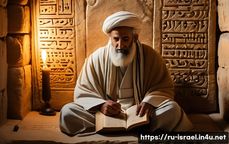 이스라엘의 고대 언어와 히브리어 발전 - An ancient Semitic scholar in traditional Middle Eastern robes, seated in a stone chamber surrounded...