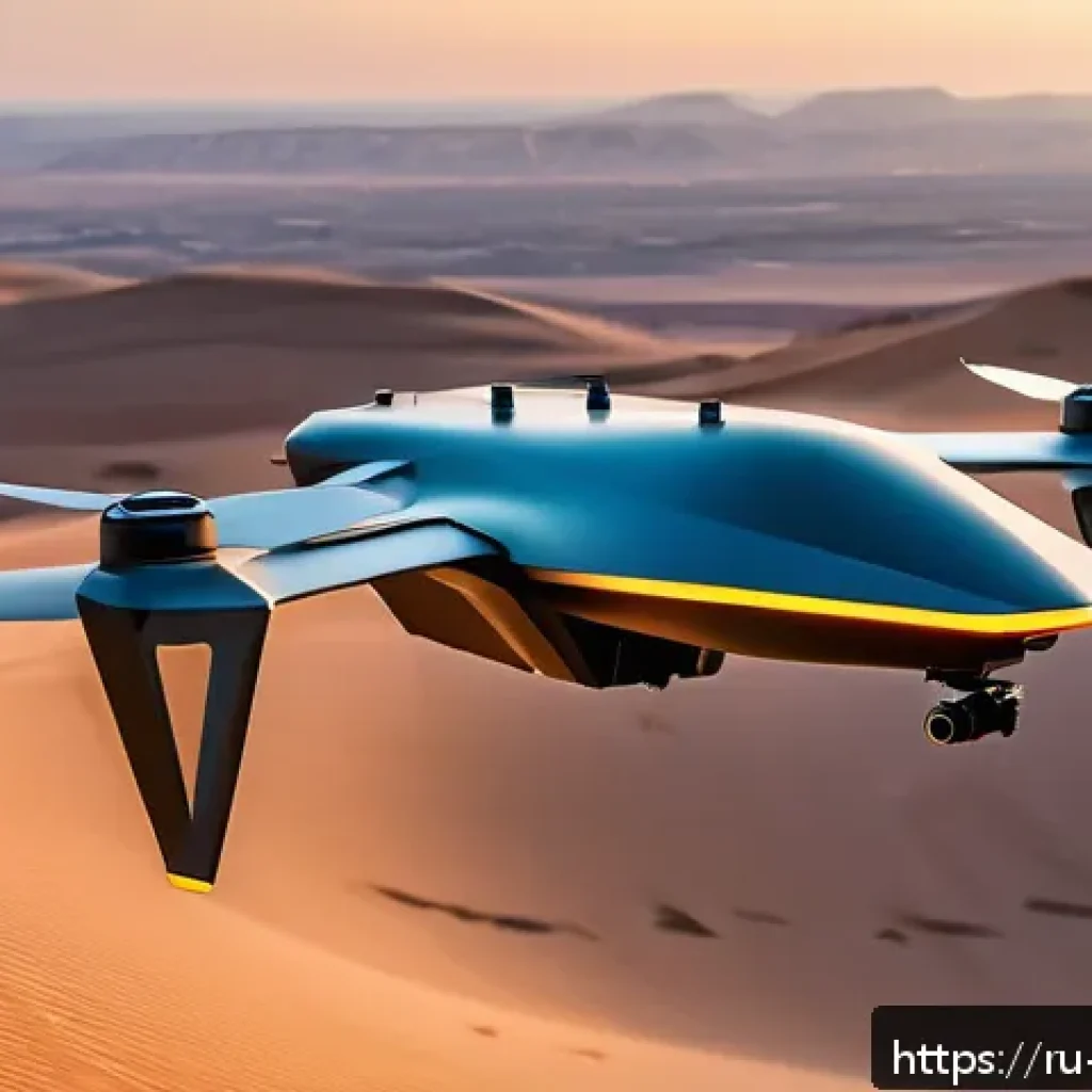 이스라엘 드론 산업 - A futuristic Israeli military drone in flight over a desert border landscape at sunset, showcasing m...