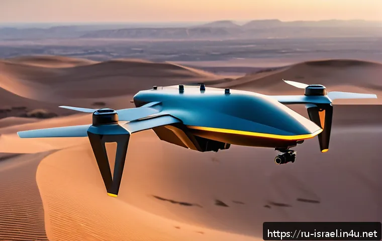 이스라엘 드론 산업 - A futuristic Israeli military drone in flight over a desert border landscape at sunset, showcasing m...