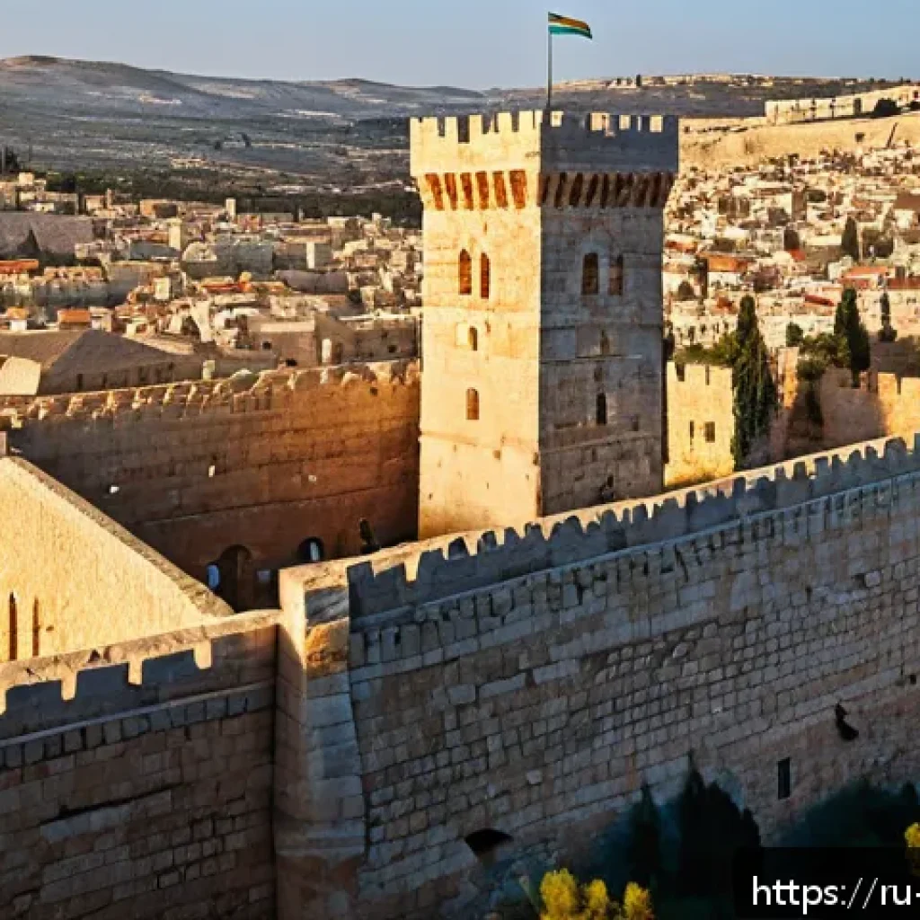 이스라엘의 명소 다윗의 탑 - A detailed, realistic depiction of David’s Tower in ancient Jerusalem during sunset, showcasing mass...