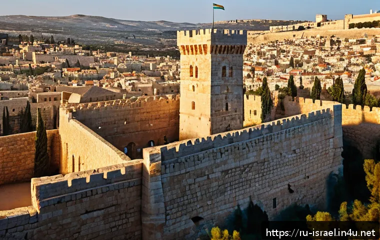 이스라엘의 명소 다윗의 탑 - A detailed, realistic depiction of David’s Tower in ancient Jerusalem during sunset, showcasing mass...
