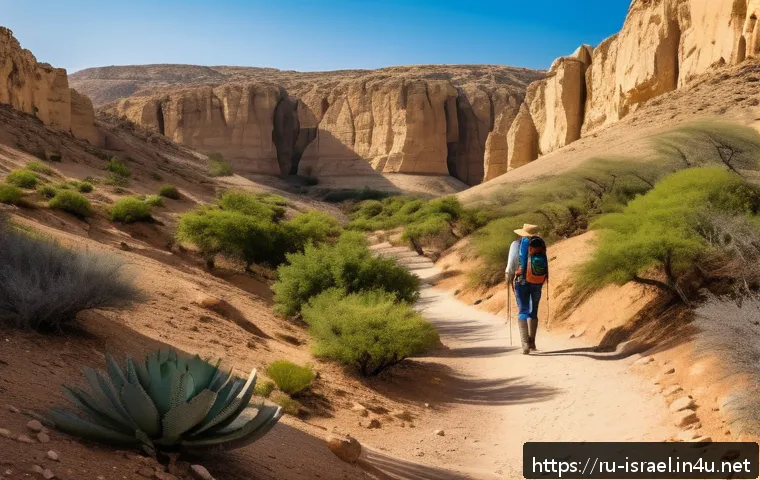 이스라엘 사막 투어 추천 - A serene desert canyon scene in Israel during springtime, featuring a narrow trail winding through t...