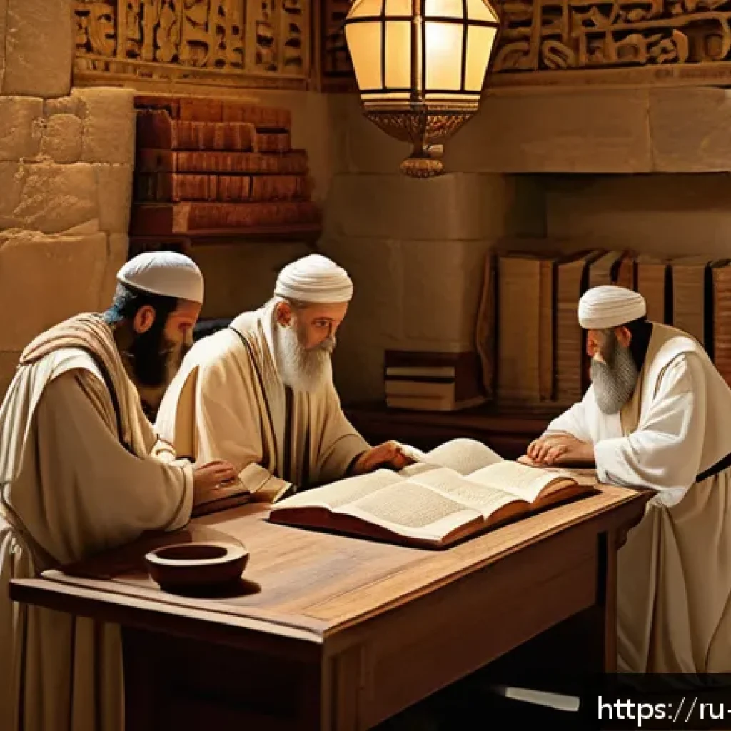 이스라엘의 고대 성경 번역 작업 - An ancient scriptorium scene in Second Temple-era Jerusalem, showing Jewish scholars in traditional ...