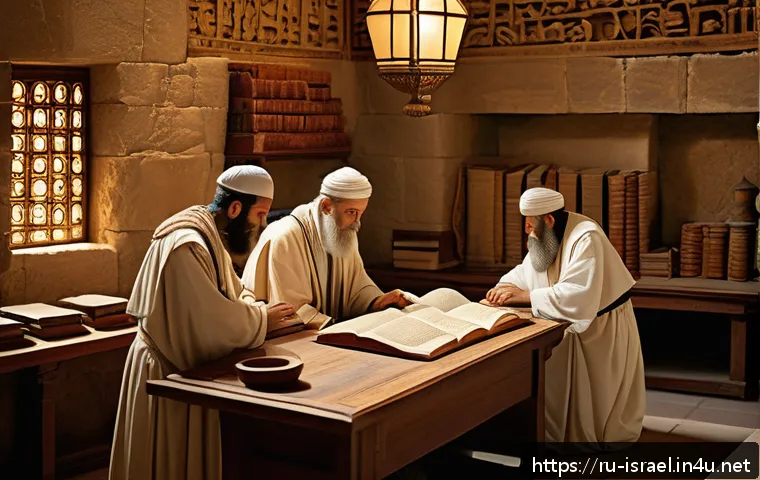 이스라엘의 고대 성경 번역 작업 - An ancient scriptorium scene in Second Temple-era Jerusalem, showing Jewish scholars in traditional ...