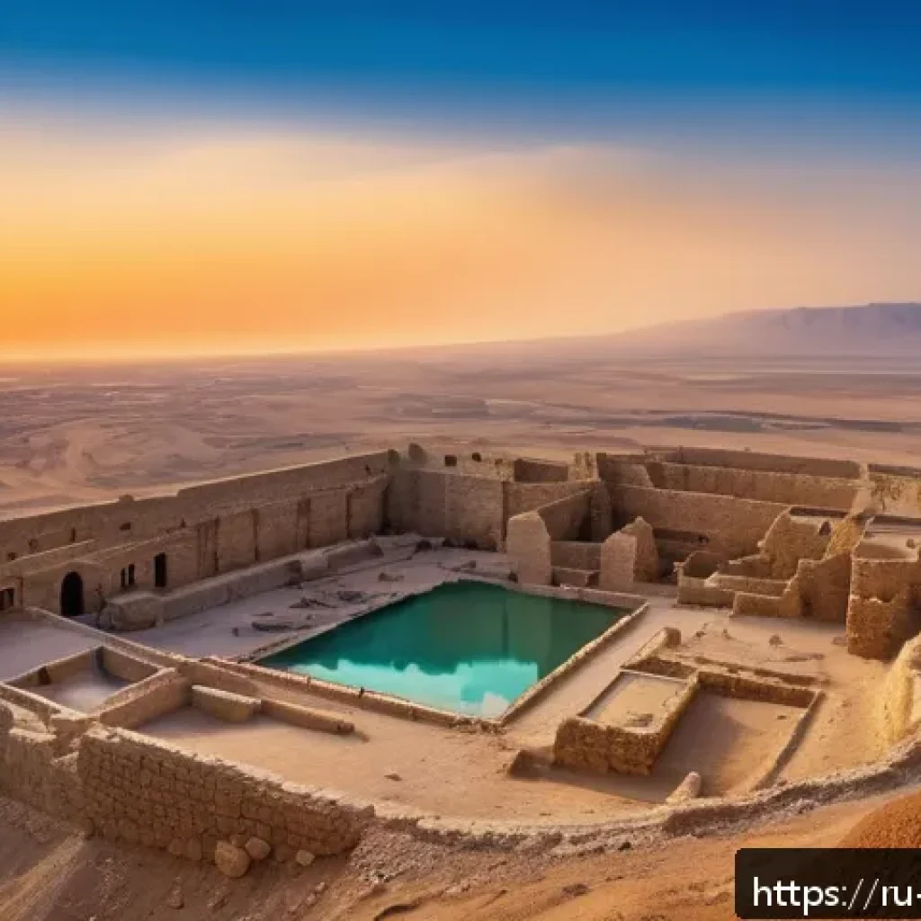 이스라엘의 고대와 현대 공존 건축물 - A panoramic view of Masada fortress perched atop a desert plateau at sunset, showcasing ancient ston...