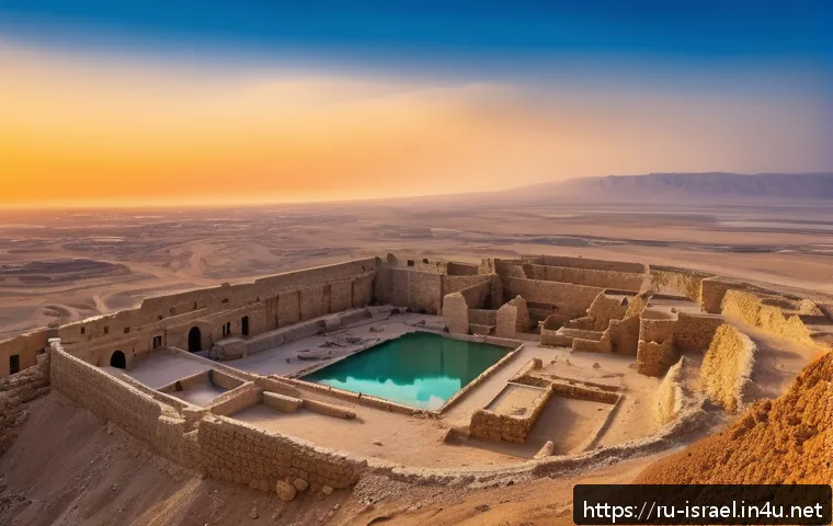 이스라엘의 고대와 현대 공존 건축물 - A panoramic view of Masada fortress perched atop a desert plateau at sunset, showcasing ancient ston...