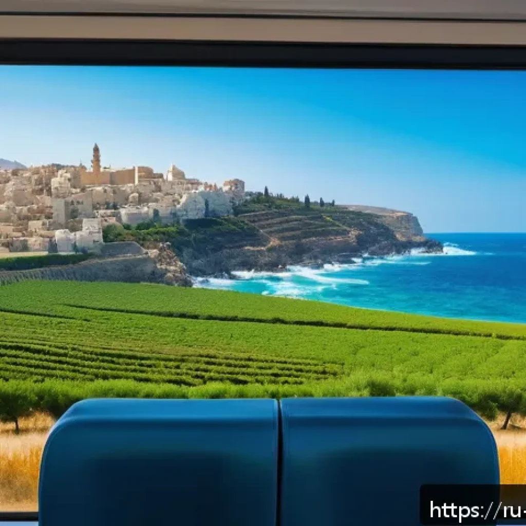 이스라엘의 주요 철도 노선 - A scenic train journey along the Mediterranean coast in Israel, viewed from a train window on the le...