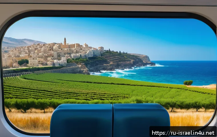 이스라엘의 주요 철도 노선 - A scenic train journey along the Mediterranean coast in Israel, viewed from a train window on the le...