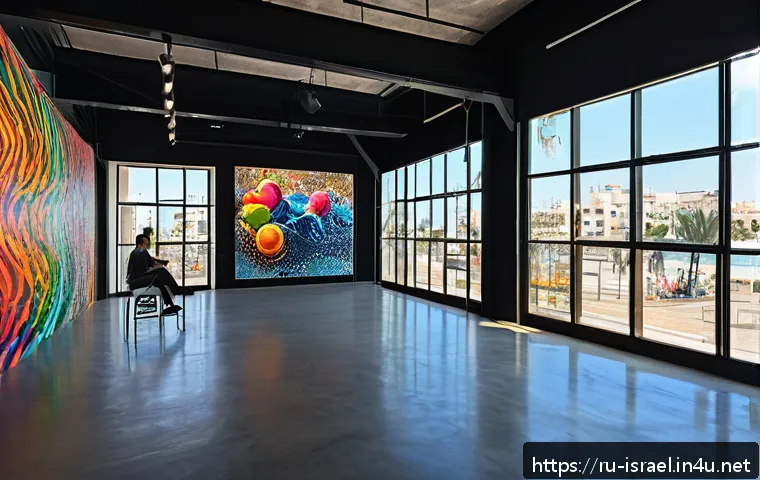 이스라엘의 문화예술센터 - A vibrant contemporary art gallery located in Tel Aviv’s renovated port area, featuring large window...