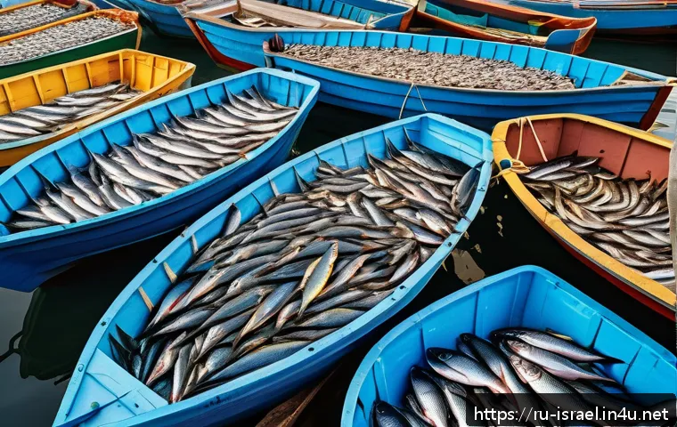 이스라엘의 주요 수산 자원 - A vibrant Mediterranean coastal fishing scene in Israel at dawn, featuring traditional wooden fishin...