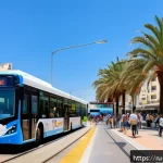이스라엘의 도로 네트워크와 여행 계획 - A vibrant, modern urban scene in Tel Aviv featuring tourists and locals using public transportation:...