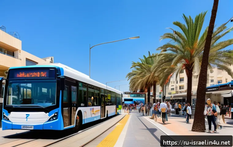 이스라엘의 도로 네트워크와 여행 계획 - A vibrant, modern urban scene in Tel Aviv featuring tourists and locals using public transportation:...