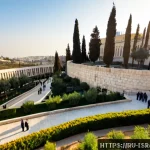 이스라엘의 주요 도시와 정치적 역할 - Photorealistic wide-angle view of Jerusalem’s government district at sunrise, pale limestone civic b...