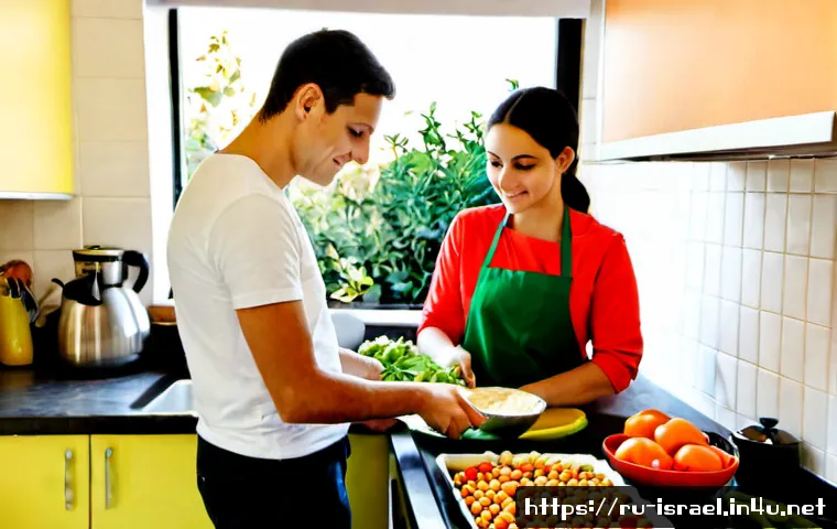 Home 17 이스라엘에서의 채식주의 라이프스타일 - Photorealistic Israeli vegetarian lifestyle scene in a sunlit Tel Aviv apartment kitchen, young adul...