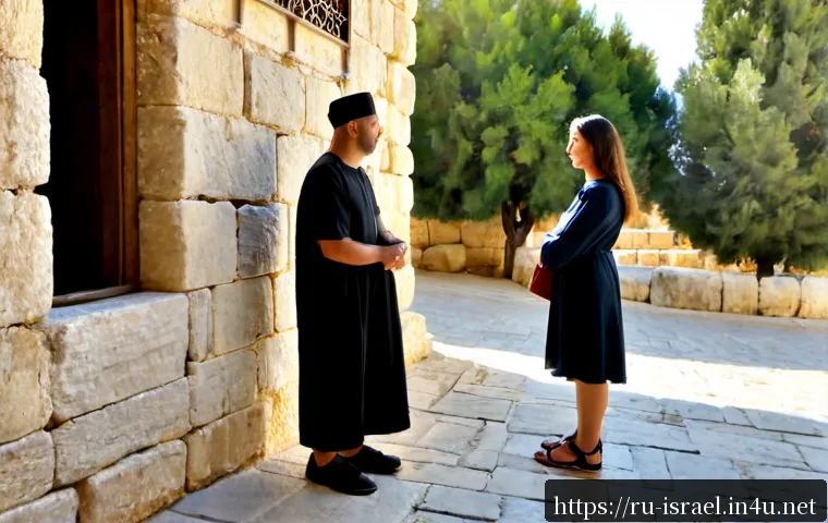 이스라엘 여행에서 피해야 할 행동 - Photorealistic travel safety scene in Jerusalem, a Russian tourist couple in modest summer clothing ...